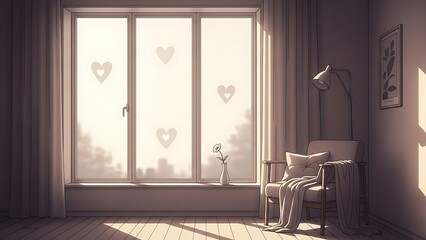 Serene room bathed in soft light with heart decals on the window offering a calming and peaceful ambiance for relaxation and sweet dreams