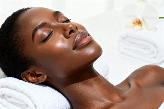 High-key spa portrait — young Black woman with natural hair, dewy skin