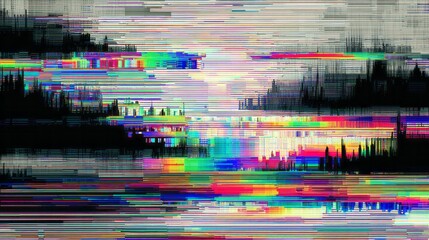 Abstract digital noise effect creates horizontal lines and colorful disruption over dark silhouettes