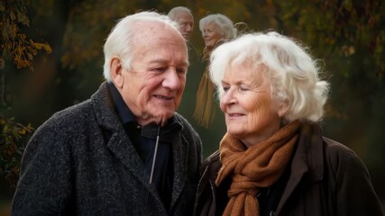Elderly couple embracing in autumn park with dreamy overlay effect