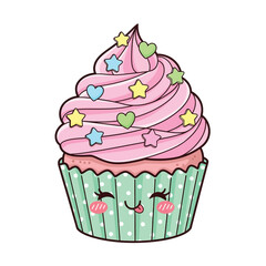 Cute Kawaii Cupcake with Pink Frosting and Sprinkles Illustration.