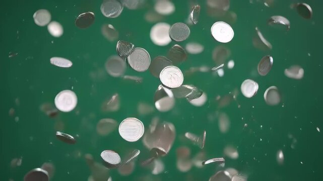 Scattered silver coins falling down against a blurred green background in a dynamic composition