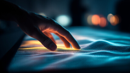A hand exploring a flowing digital surface, representing advanced interfaces, sensory feedback, and dynamic data interaction in emerging technology.
