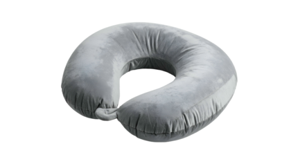Gray U-shaped travel pillow, fluffy and cushioned on black background
