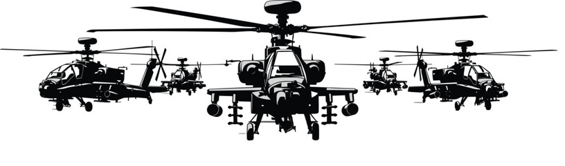 Squadron of military attack helicopters flying in formation, black and white vector illustration of apache choppers with missiles for army war design.