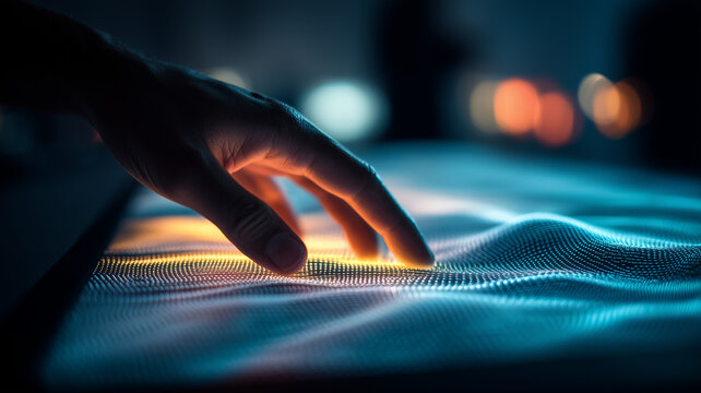 A hand exploring a flowing digital surface, representing advanced interfaces, sensory feedback, and dynamic data interaction in emerging technology.
