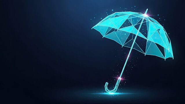 Abstract glowing turquoise digital umbrella formed by interconnected lines and dots against a dark background