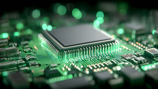A green circuit board microchip representing hardware performance, energy efficiency, and advancing electronic systems in modern technological design.
