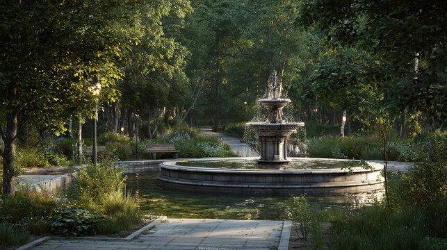 A tranquil fountain gracefully embellishes a verdant park setting, creating a serene ambiance with its timeless architecture. 
