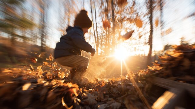 Child playing in autumn leaves at sunset in a forest setting