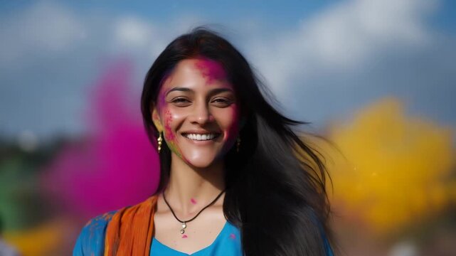 4k joyful young South Asian woman celebrating Holi, captured in a vibrant medium close-up with her entire head fully visible and not cropped. Her face, hair, and clothing are covere