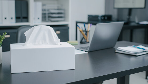 A box of tissues sits on a desk next to a laptop and office supplies, suggesting a workspace prepared for illness or allergies