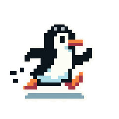 Obraz premium Retro Pixel Art Penguin Running with Speed Lines, Classic Video Game Style Graphic