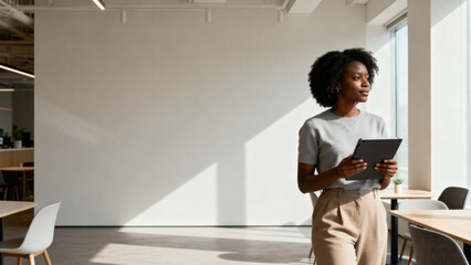 Young Black Businesswoman with Tablet in Minimalist Office, Digital Leader