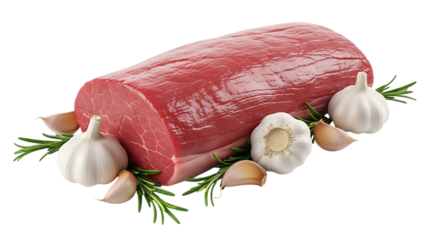 Fresh beef roast with garlic and rosemary isolated on transparent background for professional cooking