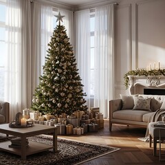 living room with christmas tree and fireplace