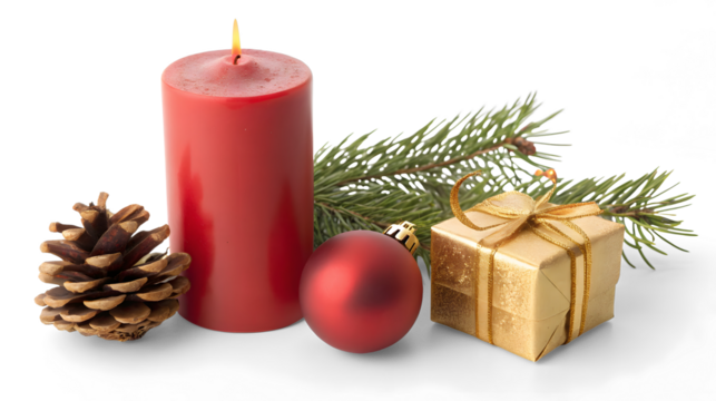 A red Christmas candle, pine cones and baubles decoration isolated on white or transparent background