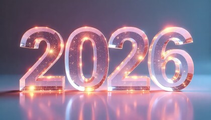 Transparent glass numeral year two thousand twenty six with sparkling light effects on reflective surface