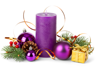 A purple Christmas candle, pine cones and baubles decoration isolated on white or transparent background