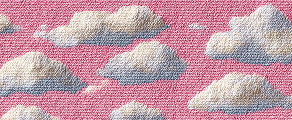 Knitted sky pattern with fluffy white clouds on pink textile background
