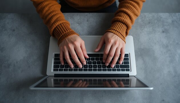 Person typing on laptop keyboard with a cozy brown sweater viewed from above on gray surface