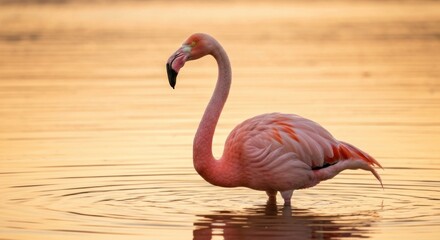 Naklejka premium Pink flamingo wading in golden sunset water