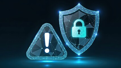 Digital security shield and warning sign with padlock symbolizing data protection and cybersecurity threats
