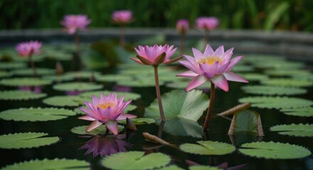 Pink lotus blossoms in a tranquil pond