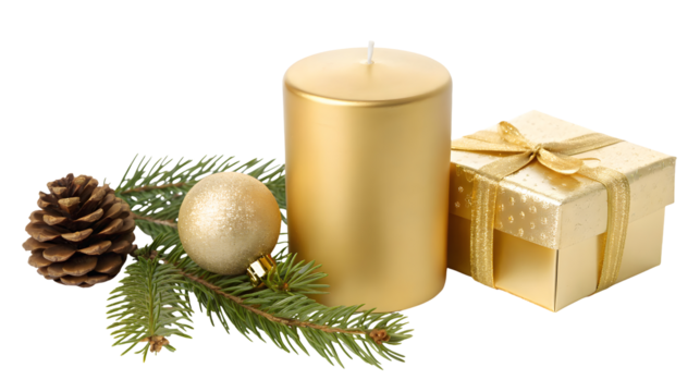 A gold Christmas candle, pine cones and baubles decoration isolated on white or transparent background