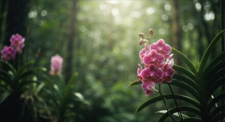 Obraz premium Pink orchids in a lush, tropical forest. Sunlight filters through the trees