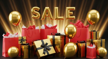 Abundant assortment of golden presents and red shopping bags illuminates a festive promotion announcement