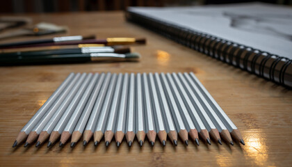 A neat arrangement of sharpened drawing pencils on a wooden table, accompanied by art brushes and a sketchbook, inspiring creativity for sketching and artistic illustration