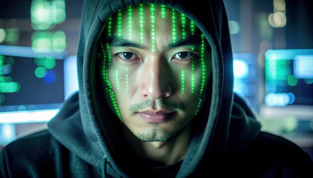 Dramatic Close-Up of Asian Man Hacker with Binary Code Overlay. Ai Generated Images