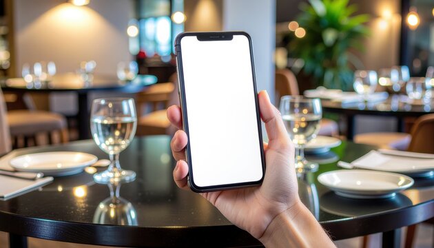 Hand Holding Modern Smartphone Mockup on Table in Luxury Restaurant. Ai Generated Images