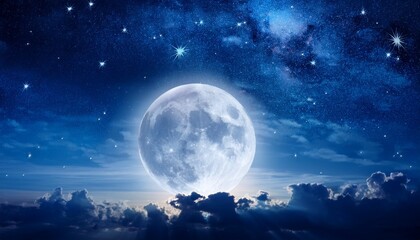 Fototapeta premium Beautiful Magic Blue Night Sky With Clouds And Fullmoon And Stars