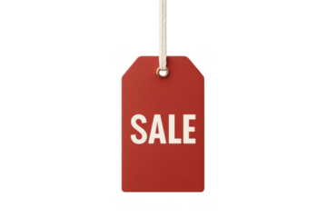 Red sale tag hanging, offering special promotions, retail discounts, shopping deals, and price reductions on transparent background