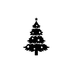 Black silhouette icon of decorated Christmas tree with star