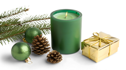 A green Christmas candle, pine cones and baubles decoration isolated on white or transparent background