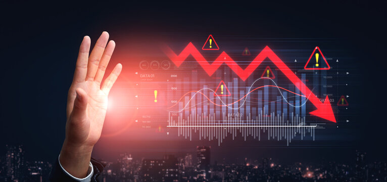 Economic caution visualized with fluctuating market graph, alert symbols, and negative data trends. Represents financial risk, market volatility, and economic uncertainty. Spline