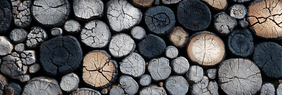 Background pattern of stacked round wooden logs showing cross sections and growth rings, wall of firewood texture