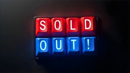 Keyboard keys spelling “SOLD OUT!” in red and blue, illuminated against dark background