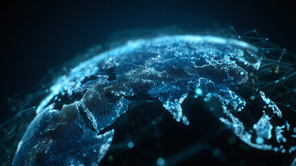 A digital representation of the Earth, highlighting global network connections and data flow. The image shows the planet enveloped in a network of interconnected points and lines.