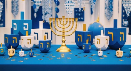 Golden candelabrum and multiple spinning tops decorate a festive blue table display