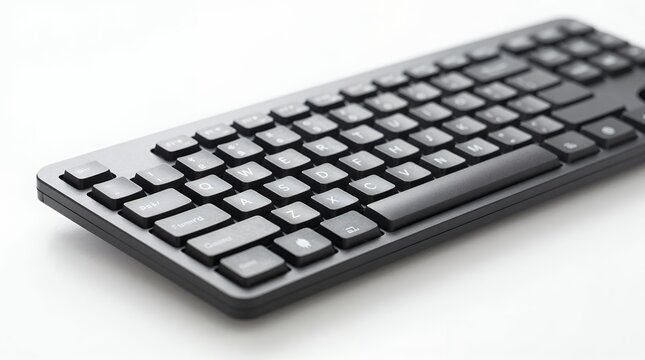 Modern sleek wireless computer keyboard placed on a clean white surface angled view