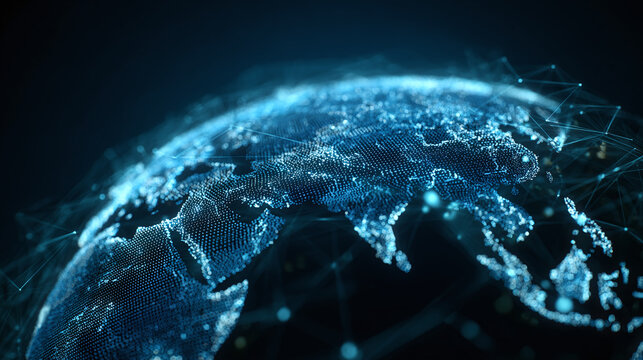 A digital representation of the Earth, highlighting global network connections and data flow. The image shows the planet enveloped in a network of interconnected points and lines.
