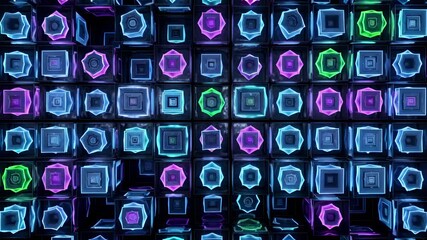 Dynamic 3D neon cubes glowing with vibrant blue and purple gradients - Powered by Adobe
