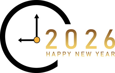 2026 Happy New Year golden text is prominently displayed on a minimalist black background, a crisp digital illustration design
