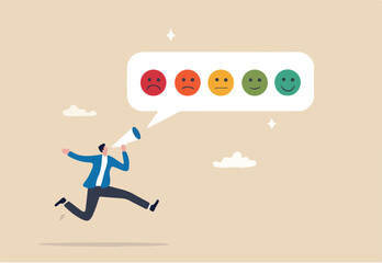 Customer satisfaction survey, service quality feedback, rating or opinion, user experience emoticon, angry or smile face review, client questionnaire concept, man shouting with satisfaction emoticon