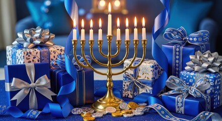 Eight lit candles on a golden candelabrum surrounded by blue and silver wrapped presents and shiny coins