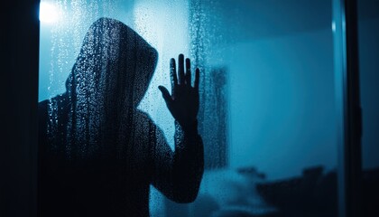Dark Moody Silhouette of Person with Hood Behind Rainy Glass Window. Ai Generated Images